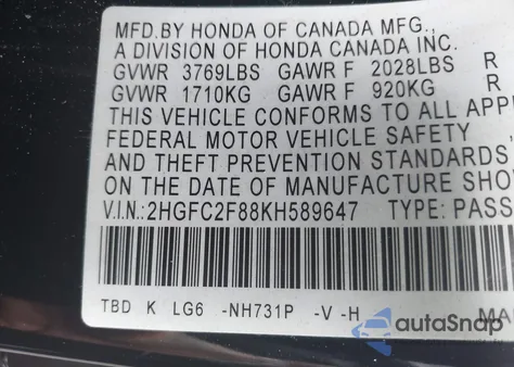 2019 Honda Civic Sport из США, поврежденный, VIN 2HGFC2F88KH589647